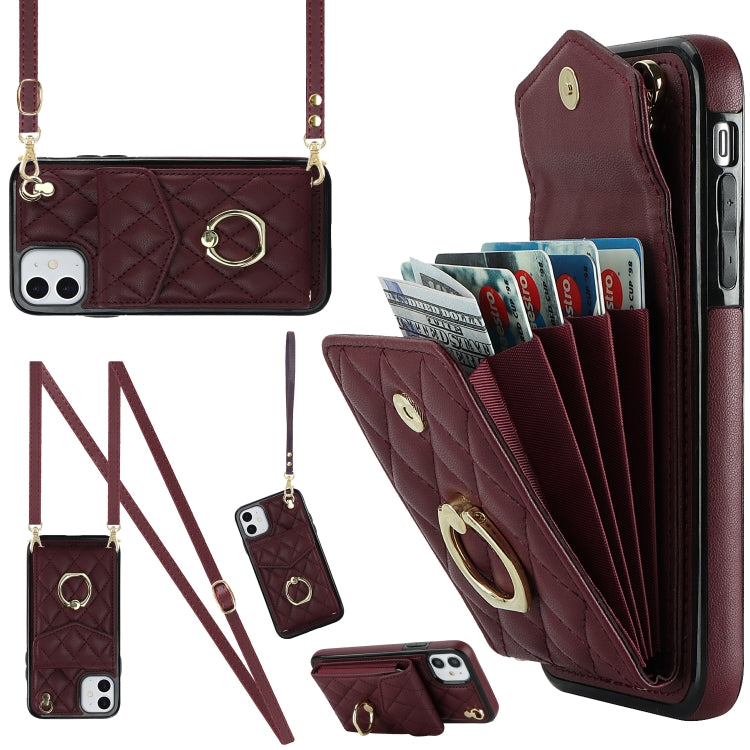 เคสโทรศัพท์กระเป๋าใส่บัตรลายข้าวหลามตัดพร้อมสายคล้องยาว สำหรับ iPhone 11 Pro Max, สำหรับ iPhone 11, สำหรับ iPhone 11 Pro, สำหรับ iPhone XR, สำหรับ iPhone XS Max