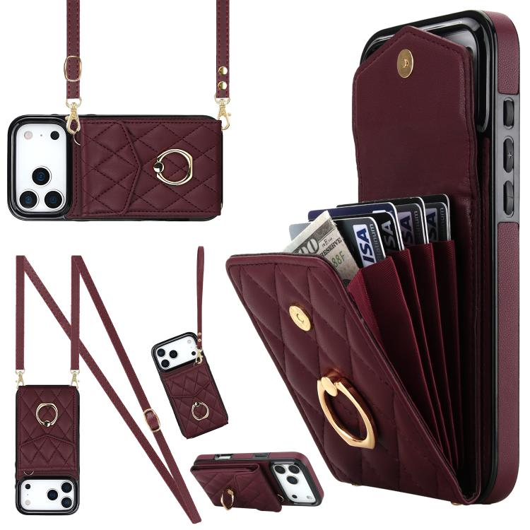 เคสโทรศัพท์กระเป๋าใส่บัตรลายข้าวหลามตัดพร้อมสายคล้องยาว สำหรับ iPhone 17e / 16e, สำหรับ iPhone 17 Pro Max, สำหรับ iPhone 17 Pro, สำหรับ iPhone 17, สำหรับ iPhone Air, สำหรับ iPhone 15 Pro Max