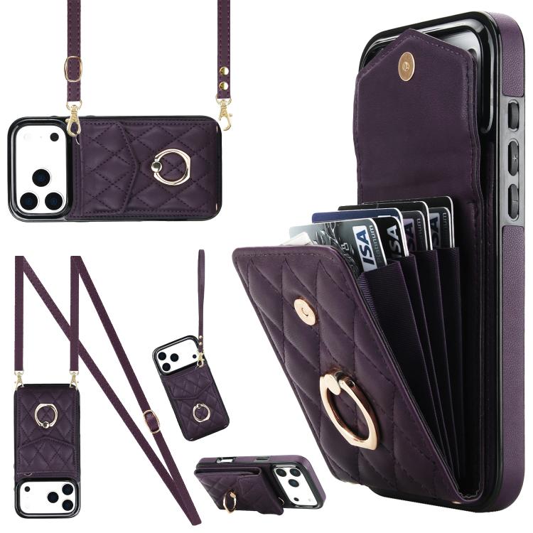 เคสโทรศัพท์กระเป๋าใส่บัตรลายข้าวหลามตัดพร้อมสายคล้องยาว สำหรับ iPhone 17e / 16e, สำหรับ iPhone 17 Pro Max, สำหรับ iPhone 17 Pro, สำหรับ iPhone 17, สำหรับ iPhone Air, สำหรับ iPhone 15 Pro Max