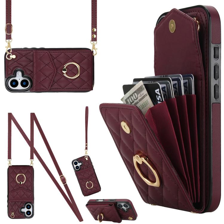 เคสโทรศัพท์กระเป๋าใส่บัตรลายข้าวหลามตัดพร้อมสายคล้องยาว สำหรับ iPhone 17e / 16e, สำหรับ iPhone 17 Pro Max, สำหรับ iPhone 17 Pro, สำหรับ iPhone 17, สำหรับ iPhone Air, สำหรับ iPhone 15 Pro Max