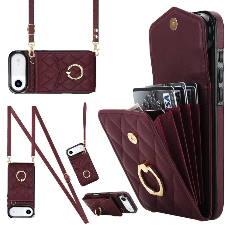 เคสโทรศัพท์กระเป๋าใส่บัตรลายข้าวหลามตัดพร้อมสายคล้องยาว สำหรับ iPhone 17e / 16e, สำหรับ iPhone 17 Pro Max, สำหรับ iPhone 17 Pro, สำหรับ iPhone 17, สำหรับ iPhone Air, สำหรับ iPhone 15 Pro Max
