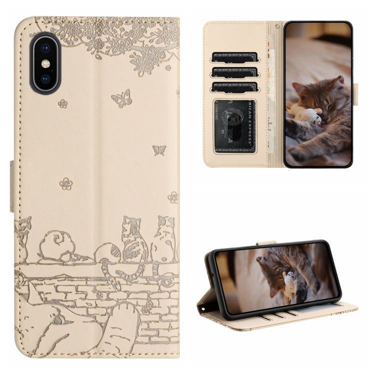 เคสโทรศัพท์หนังลายปั๊มแมวพร้อมสายคล้อง สำหรับ iPhone 11 Pro, สำหรับ iPhone XS Max, สำหรับ iPhone X, สำหรับ iPhone 7 Plus / 8 Plus