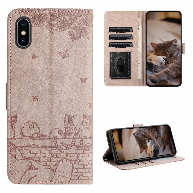 เคสโทรศัพท์หนังลายปั๊มแมวพร้อมสายคล้อง สำหรับ iPhone 11 Pro, สำหรับ iPhone XS Max, สำหรับ iPhone X, สำหรับ iPhone 7 Plus / 8 Plus