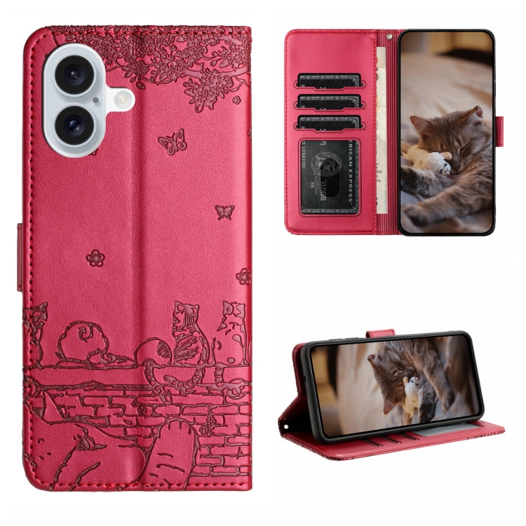 เคสโทรศัพท์หนังลายปั๊มแมวพร้อมสายคล้อง สำหรับ iPhone 16e / 17e, สำหรับ iPhone 17 Pro Max, สำหรับ iPhone 17 Pro, สำหรับ iPhone 17, สำหรับ iPhone Air, สำหรับ iPhone 16 Pro Max, สำหรับ iPhone 16 Pro, สำหรับ iPhone 16 Plus, สำหรับ iPhone 16