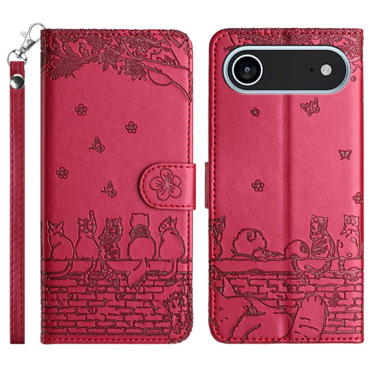 เคสโทรศัพท์หนังลายปั๊มแมวพร้อมสายคล้อง สำหรับ iPhone 16e / 17e, สำหรับ iPhone 17 Pro Max, สำหรับ iPhone 17 Pro, สำหรับ iPhone 17, สำหรับ iPhone Air, สำหรับ iPhone 16 Pro Max, สำหรับ iPhone 16 Pro, สำหรับ iPhone 16 Plus, สำหรับ iPhone 16