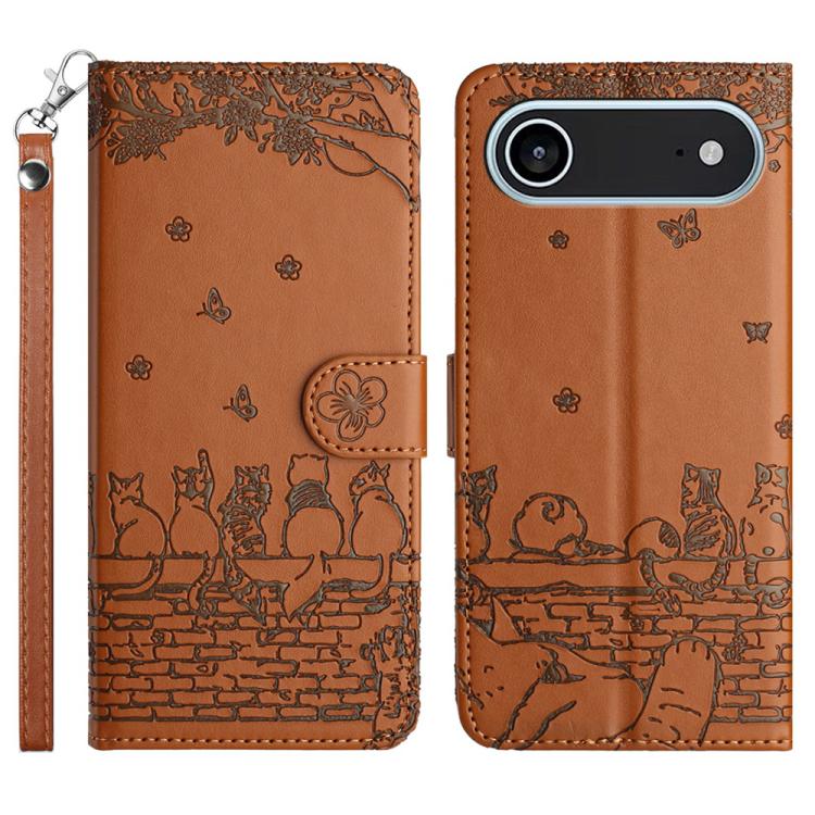 เคสโทรศัพท์หนังลายปั๊มแมวพร้อมสายคล้อง สำหรับ iPhone 16e / 17e, สำหรับ iPhone 17 Pro Max, สำหรับ iPhone 17 Pro, สำหรับ iPhone 17, สำหรับ iPhone Air, สำหรับ iPhone 16 Pro Max, สำหรับ iPhone 16 Pro, สำหรับ iPhone 16 Plus, สำหรับ iPhone 16