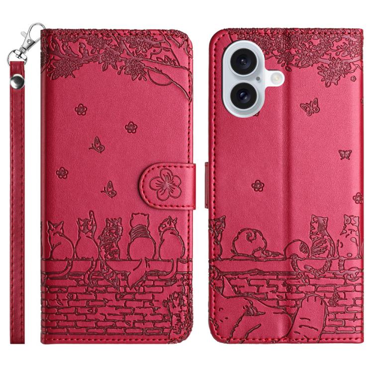 เคสโทรศัพท์หนังลายปั๊มแมวพร้อมสายคล้อง สำหรับ iPhone 16e / 17e, สำหรับ iPhone 17 Pro Max, สำหรับ iPhone 17 Pro, สำหรับ iPhone 17, สำหรับ iPhone Air, สำหรับ iPhone 16 Pro Max, สำหรับ iPhone 16 Pro, สำหรับ iPhone 16 Plus, สำหรับ iPhone 16