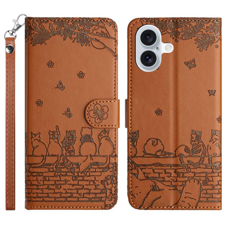 เคสโทรศัพท์หนังลายปั๊มแมวพร้อมสายคล้อง สำหรับ iPhone 16e / 17e, สำหรับ iPhone 17 Pro Max, สำหรับ iPhone 17 Pro, สำหรับ iPhone 17, สำหรับ iPhone Air, สำหรับ iPhone 16 Pro Max, สำหรับ iPhone 16 Pro, สำหรับ iPhone 16 Plus, สำหรับ iPhone 16