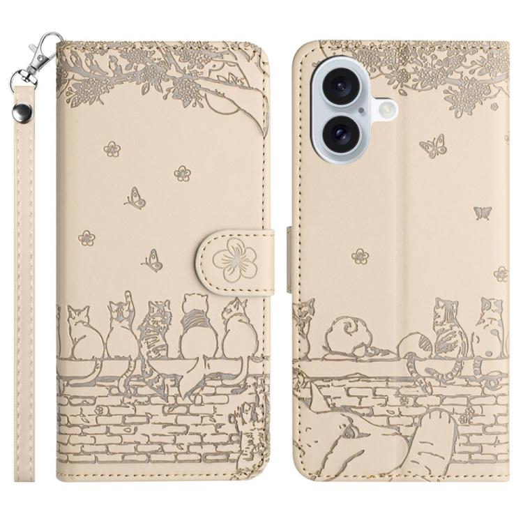 เคสโทรศัพท์หนังลายปั๊มแมวพร้อมสายคล้อง สำหรับ iPhone 16e / 17e, สำหรับ iPhone 17 Pro Max, สำหรับ iPhone 17 Pro, สำหรับ iPhone 17, สำหรับ iPhone Air, สำหรับ iPhone 16 Pro Max, สำหรับ iPhone 16 Pro, สำหรับ iPhone 16 Plus, สำหรับ iPhone 16