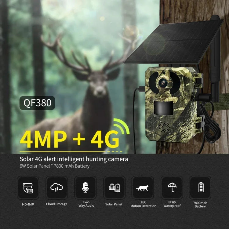 ESCAM QF380 กล้องล่าสัตว์อัจฉริยะเครือข่าย 4MP พร้อมเซ็นเซอร์ PIR พลังงานแสงอาทิตย์ รุ่นยุโรป, รุ่นออสเตรเลีย, รุ่นสหรัฐอเมริกา