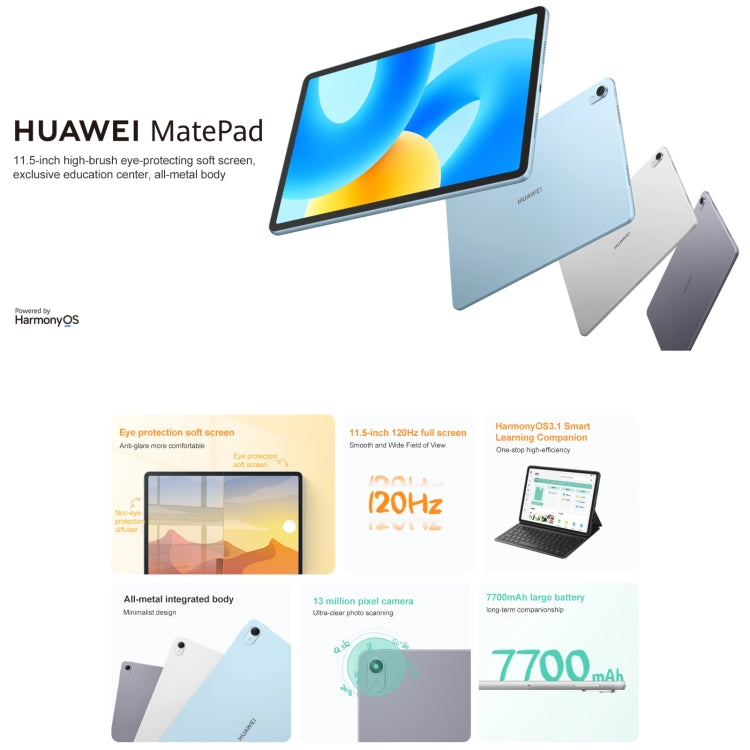 HUAWEI MatePad 11.5 นิ้ว 2023 WIFI, HarmonyOS 3.1 Qualcomm Snapdragon 7 Gen 1 Octa Core, ไม่รองรับ Google Play, 8GB+128GB, 8GB+256GB, 8GB+128GB หน้าจอกระจายแสง, 8GB+256GB หน้าจอกระจายแสง