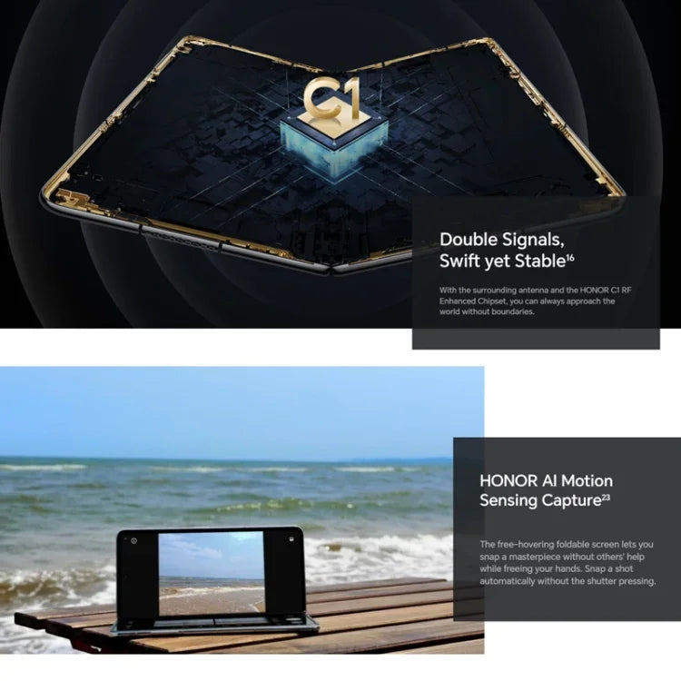 Honor Magic V2 Ultimate 5G, หน้าจอ 7.92 นิ้ว + 6.43 นิ้ว MagicOS 7.2 Snapdragon 8 Gen2 Octa Core สูงสุด 3.36GHz, เครือข่าย: 5G, OTG, ไม่รองรับ Google Play, 16GB+1TB