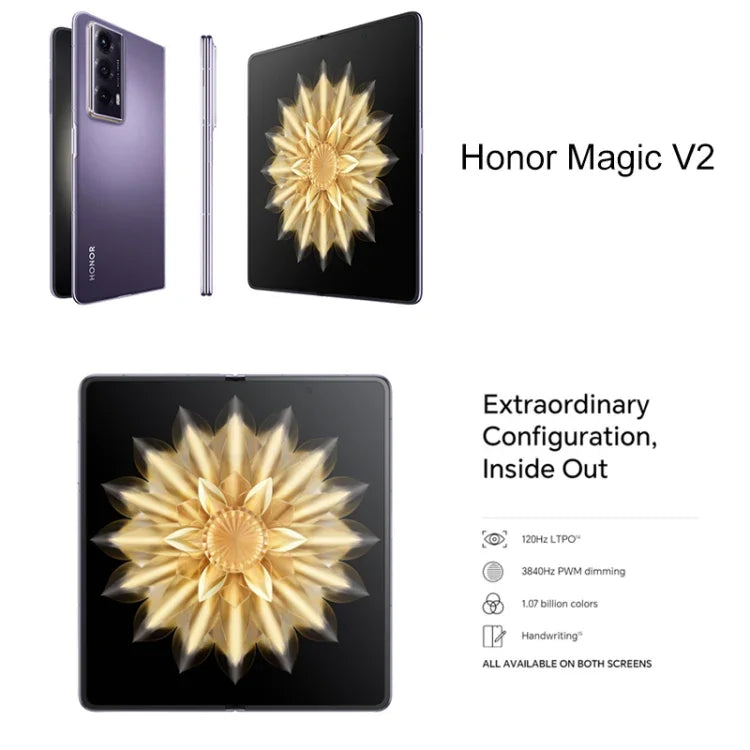 Honor Magic V2 Ultimate 5G, หน้าจอ 7.92 นิ้ว + 6.43 นิ้ว MagicOS 7.2 Snapdragon 8 Gen2 Octa Core สูงสุด 3.36GHz, เครือข่าย: 5G, OTG, ไม่รองรับ Google Play, 16GB+1TB