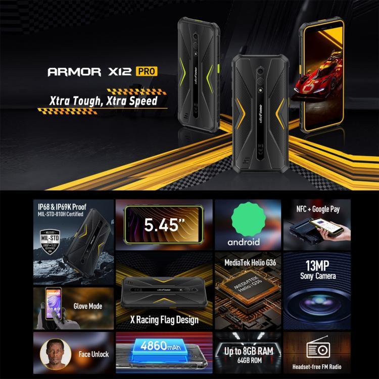 Ulefone Armor X12 Pro, โทรศัพท์กันกระแทก IP68/IP69K, หน้าจอ 5.45 นิ้ว Android 15 MediaTek Helio G36 Octa Core, เครือข่าย: 4G, NFC, 4GB+64GB