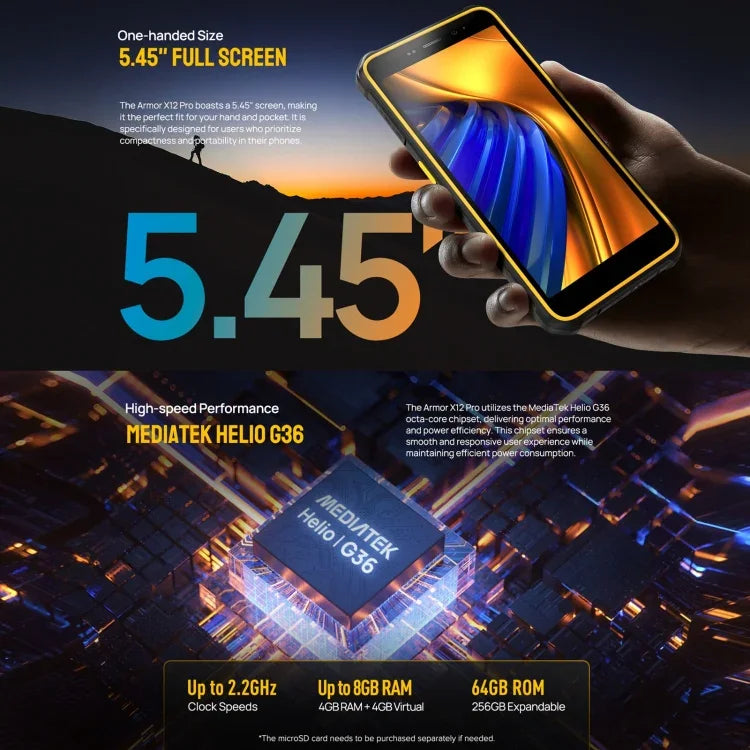 Ulefone Armor X12 Pro, โทรศัพท์กันกระแทก IP68/IP69K, หน้าจอ 5.45 นิ้ว Android 15 MediaTek Helio G36 Octa Core, เครือข่าย: 4G, NFC, 4GB+64GB