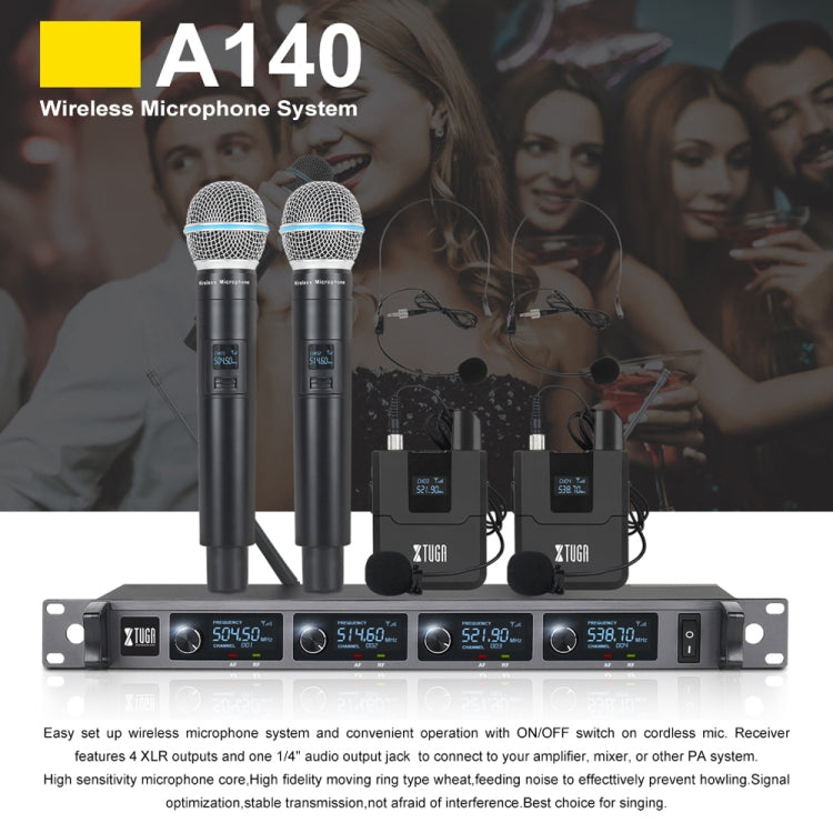 ระบบไมโครโฟนไร้สาย XTUGA A140-B พร้อมไมโครโฟนแบบหูฟังและไมโครโฟนแบบหนีบตัวเครื่อง รุ่น A140-B