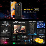 Ulefone Armor X13, โทรศัพท์กันกระแทก IP68/IP69K, หน้าจอ 6.52 นิ้ว Android 15 MediaTek Helio G36 Octa Core, เครือข่าย: 4G, NFC, OTG, 6GB+64GB