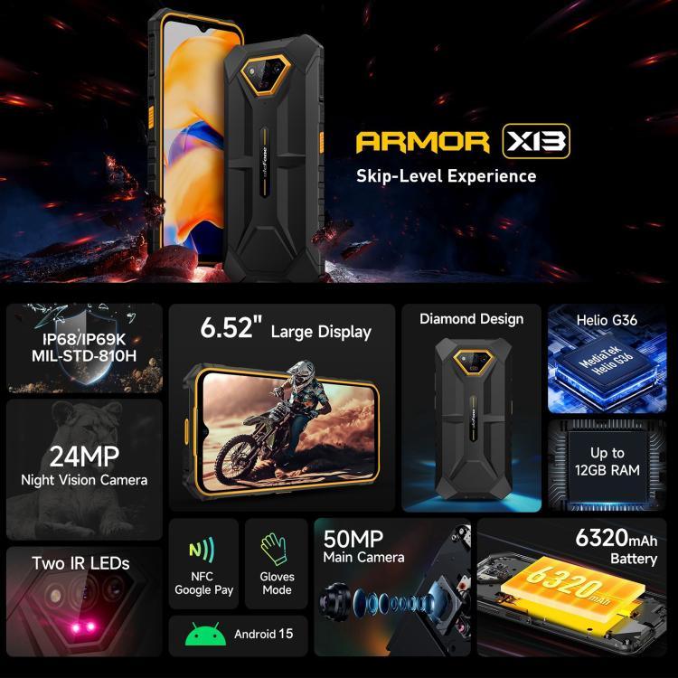 Ulefone Armor X13, โทรศัพท์กันกระแทก IP68/IP69K, หน้าจอ 6.52 นิ้ว Android 15 MediaTek Helio G36 Octa Core, เครือข่าย: 4G, NFC, OTG, 6GB+64GB