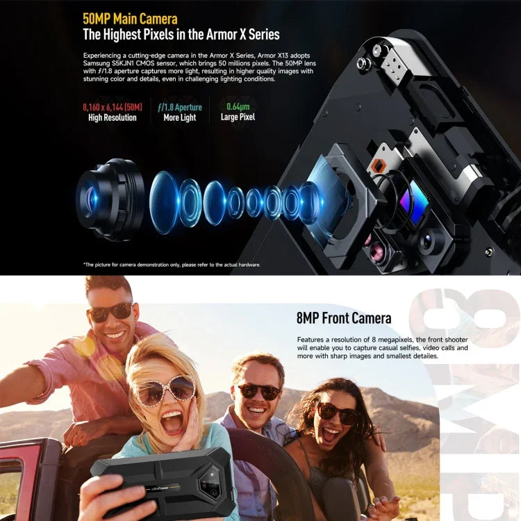 Ulefone Armor X13, โทรศัพท์กันกระแทก IP68/IP69K, หน้าจอ 6.52 นิ้ว Android 15 MediaTek Helio G36 Octa Core, เครือข่าย: 4G, NFC, OTG, 6GB+64GB