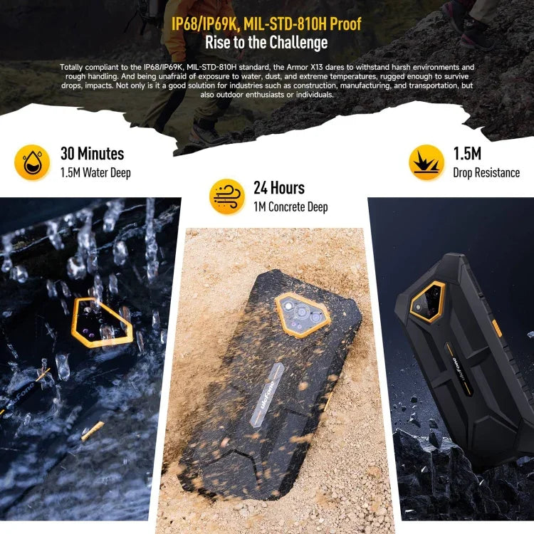 Ulefone Armor X13, โทรศัพท์กันกระแทก IP68/IP69K, หน้าจอ 6.52 นิ้ว Android 15 MediaTek Helio G36 Octa Core, เครือข่าย: 4G, NFC, OTG, 6GB+64GB