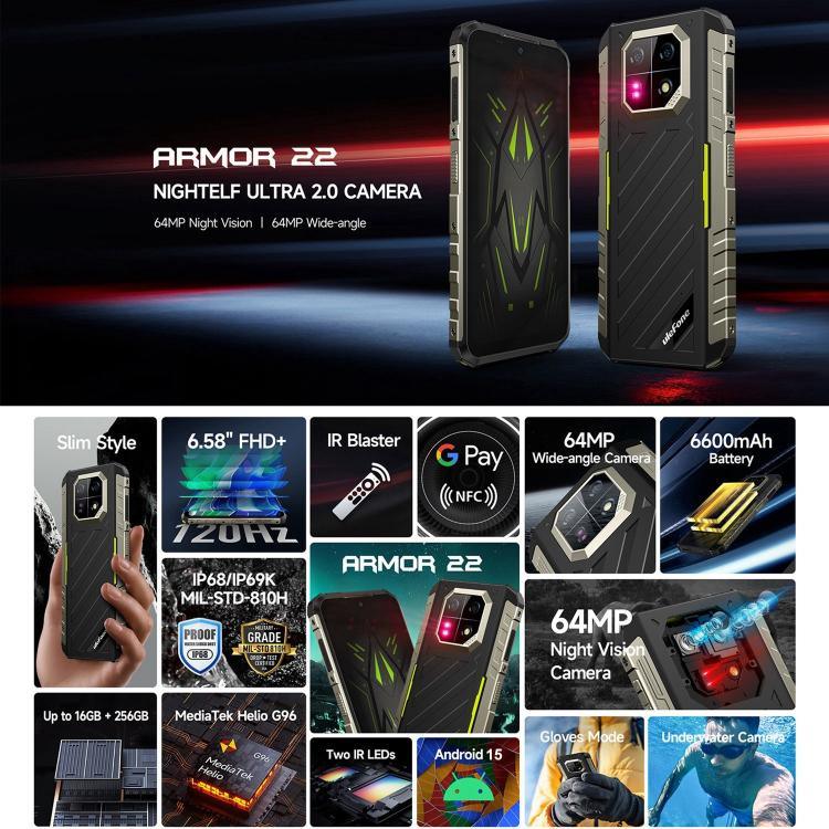 Ulefone Armor 22, โทรศัพท์กันกระแทก IP68/IP69K, หน้าจอ 6.58 นิ้ว Android 15 MediaTek Helio G96 Octa Core, เครือข่าย: 4G, NFC, OTG, 8GB+128GB, 8GB+256GB