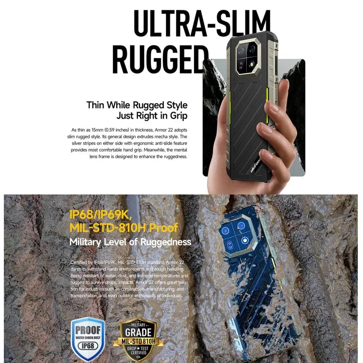 Ulefone Armor 22, โทรศัพท์กันกระแทก IP68/IP69K, หน้าจอ 6.58 นิ้ว Android 15 MediaTek Helio G96 Octa Core, เครือข่าย: 4G, NFC, OTG, 8GB+128GB, 8GB+256GB