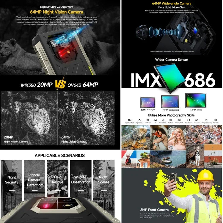 Ulefone Armor 22, โทรศัพท์กันกระแทก IP68/IP69K, หน้าจอ 6.58 นิ้ว Android 15 MediaTek Helio G96 Octa Core, เครือข่าย: 4G, NFC, OTG, 8GB+128GB, 8GB+256GB