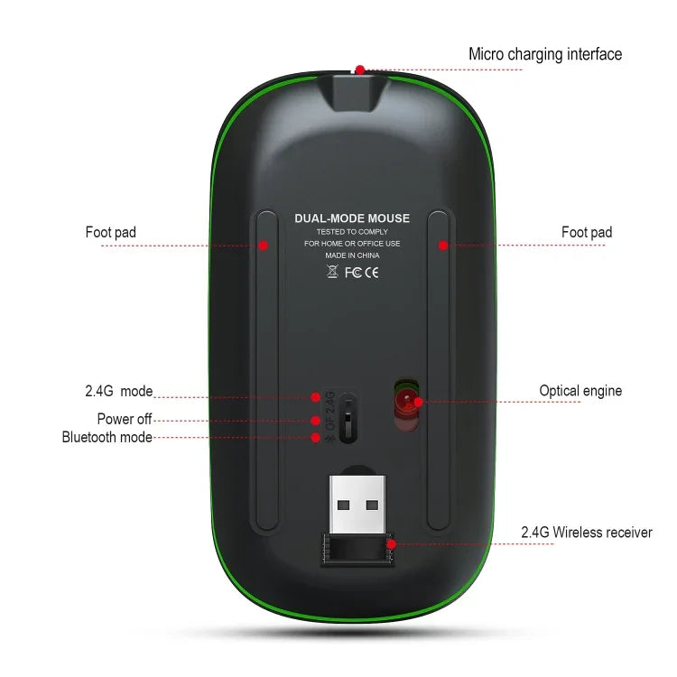 HXSJ T18 เมาส์ไร้สาย 2.4GHz 1600dpi สองโหมด พร้อมไฟ USB + Bluetooth 5.1 ชาร์จไฟได้