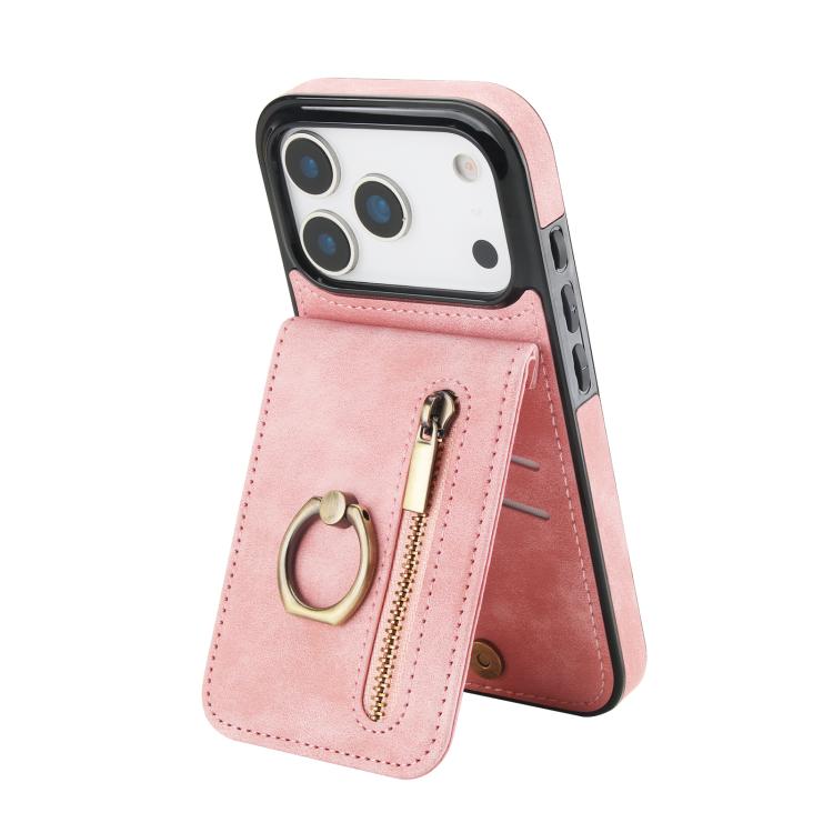 เคสโทรศัพท์ช่องใส่บัตร RFID แบบแหวนย้อนยุคและซิป สำหรับ iPhone 17e / 16e, สำหรับ iPhone 17 Pro Max, สำหรับ iPhone 17 Pro, สำหรับ iPhone 17, สำหรับ iPhone Air, สำหรับ iPhone 16 Pro Max