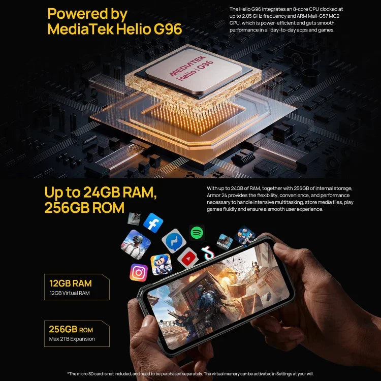 Ulefone Armor 24, โทรศัพท์กันกระแทก, สแกนลายนิ้วมือด้านข้าง, แบตเตอรี่ 22000mAh, หน้าจอ 6.78 นิ้ว Android 14 MediaTek Helio G96 Octa Core, เครือข่าย: 4G, NFC, Armor 24