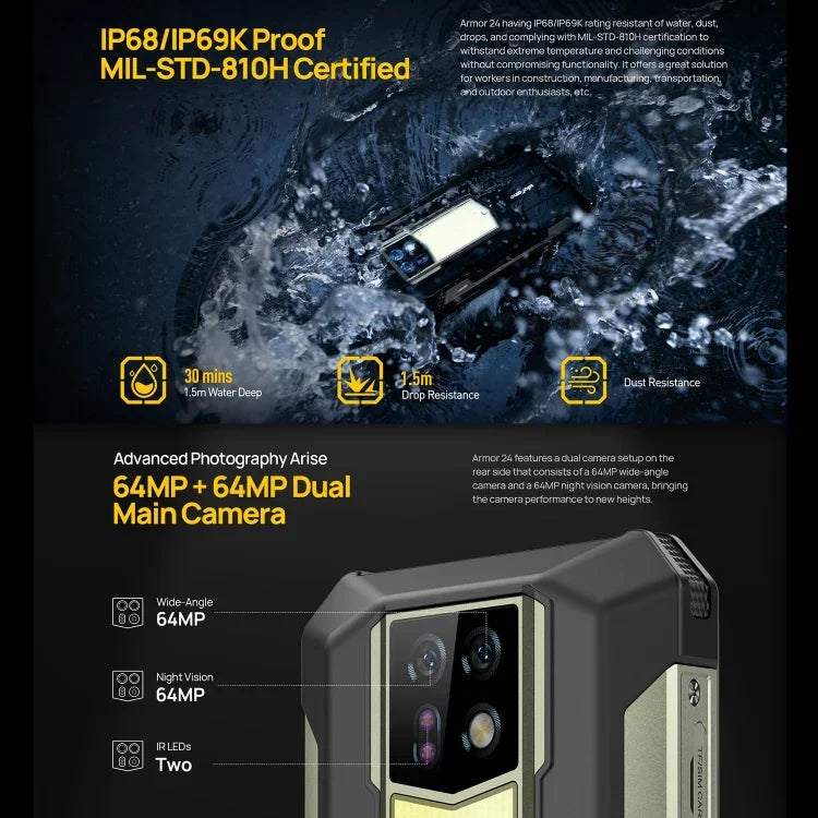 Ulefone Armor 24, โทรศัพท์กันกระแทก, สแกนลายนิ้วมือด้านข้าง, แบตเตอรี่ 22000mAh, หน้าจอ 6.78 นิ้ว Android 14 MediaTek Helio G96 Octa Core, เครือข่าย: 4G, NFC, Armor 24