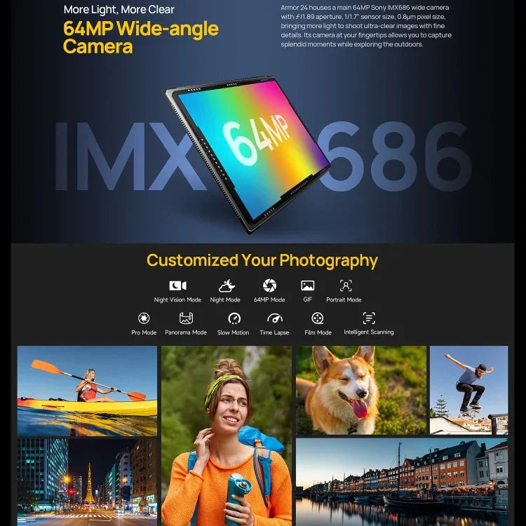 Ulefone Armor 24, โทรศัพท์กันกระแทก, สแกนลายนิ้วมือด้านข้าง, แบตเตอรี่ 22000mAh, หน้าจอ 6.78 นิ้ว Android 14 MediaTek Helio G96 Octa Core, เครือข่าย: 4G, NFC, Armor 24