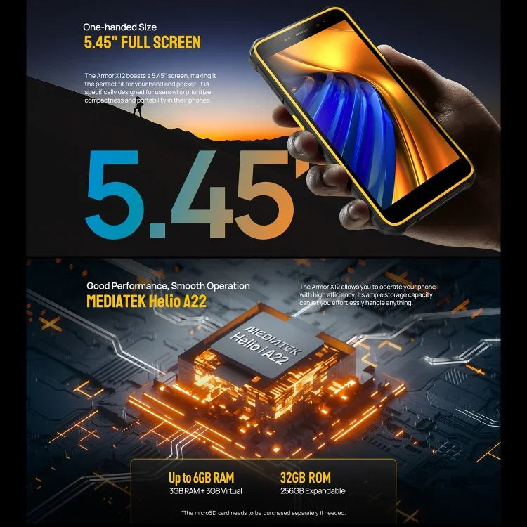 Ulefone Armor X12, โทรศัพท์กันกระแทก, ปลดล็อกด้วยใบหน้า, หน้าจอ 5.45 นิ้ว Android 13 Go MediaTek Helio A22 Quad Core, เครือข่าย: 4G, NFC, 3GB+32GB
