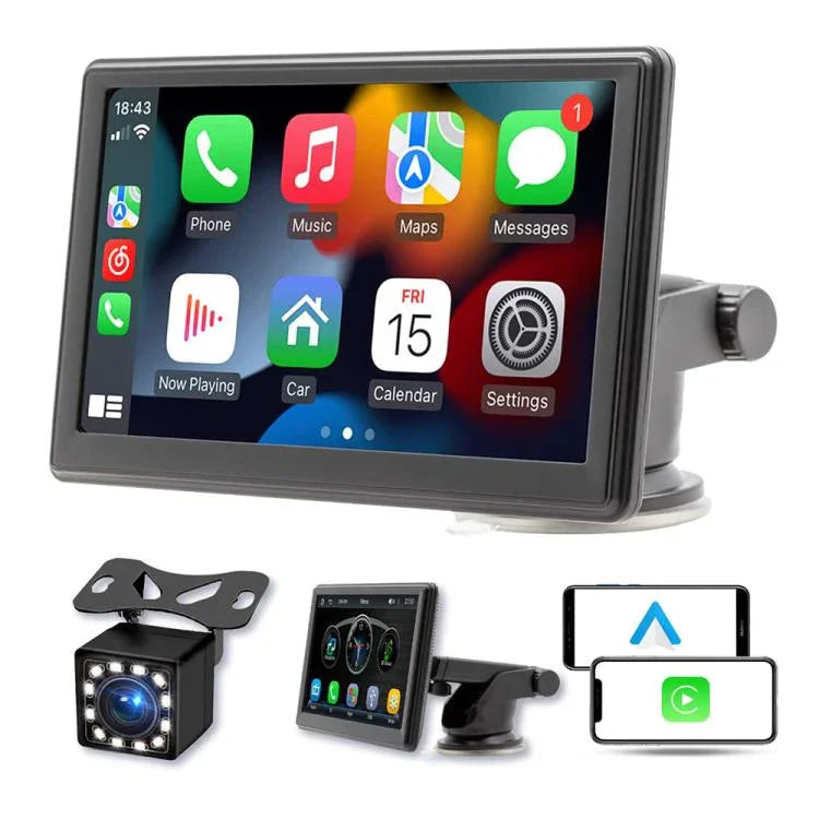 หน้าจอสมาร์ทพกพา IPS 7 นิ้ว สำหรับรถยนต์ โปรเจคเตอร์หน้าจอไร้สาย Carplay Android Auto พร้อมกล้องถอยหลัง, พร้อมกล้องถอยหลัง