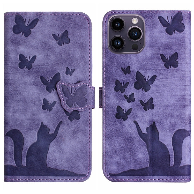 เคสโทรศัพท์หนังแท้แบบพับลายปั๊มผีเสื้อและแมว สำหรับ iPhone 12 Pro Max, สำหรับ iPhone 12 mini, สำหรับ iPhone 11 Pro Max, สำหรับ iPhone 11, สำหรับ iPhone 11 Pro, สำหรับ iPhone X / XS, สำหรับ iPhone XR, สำหรับ iPhone XS Max, สำหรับ iPhone 8 Plus / 7 Plus