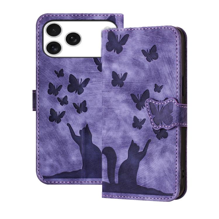 เคสโทรศัพท์หนังแท้แบบพับลายปั๊มผีเสื้อและแมว สำหรับ iPhone 17 Pro Max, สำหรับ iPhone 17 Pro, สำหรับ iPhone 17, สำหรับ iPhone Air, สำหรับ iPhone 15 Pro Max, สำหรับ iPhone 15 Pro, สำหรับ iPhone 15 Plus, สำหรับ iPhone 15, สำหรับ iPhone 14 Plus