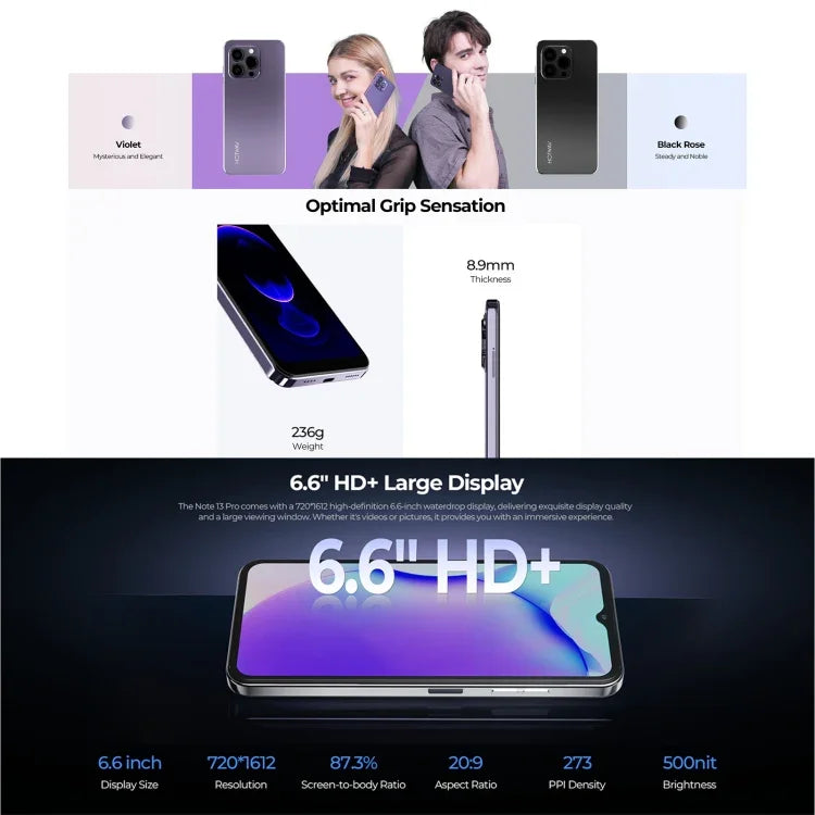 HOTWAV Note 13 Pro, สแกนลายนิ้วมือด้านข้าง, 6.6 นิ้ว Android 13 UMS9230 T606 Octa Core สูงสุด 1.6GHz, เครือข่าย: 4G, OTG, 8GB+256GB