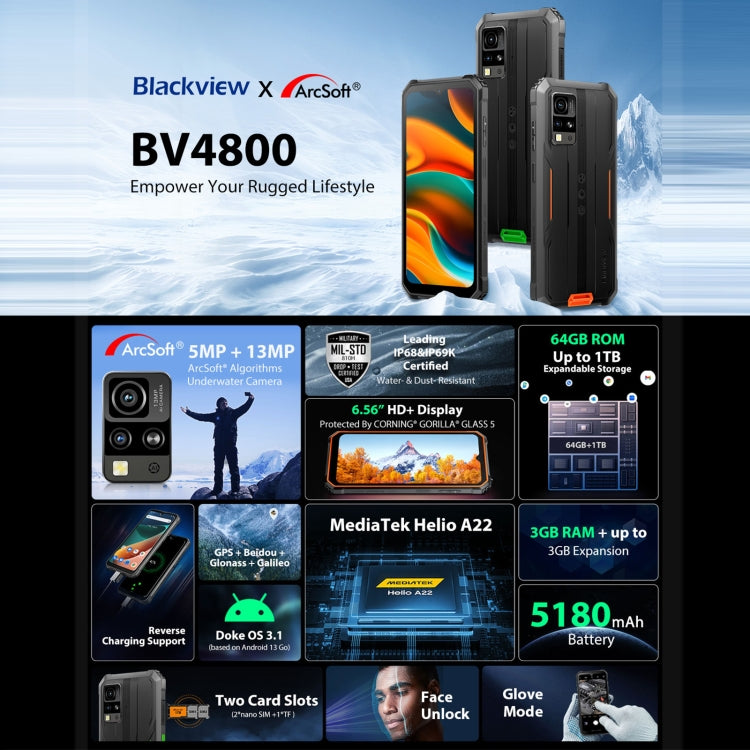 Blackview BV4800, IP68/IP69K/MIL-STD-810H, 6.56 นิ้ว Android 13 MediaTek MT6761V/WB Helio A22 Quad Core, เครือข่าย: 4G, OTG, BV4800 3GB+64GB