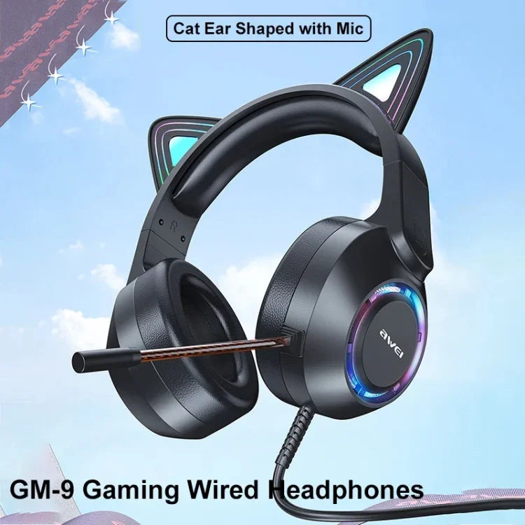 หูฟังเกมมีสาย AWEI GM-9 พร้อมไฟสีรูปหูแมวและไมโครโฟน, GM-9