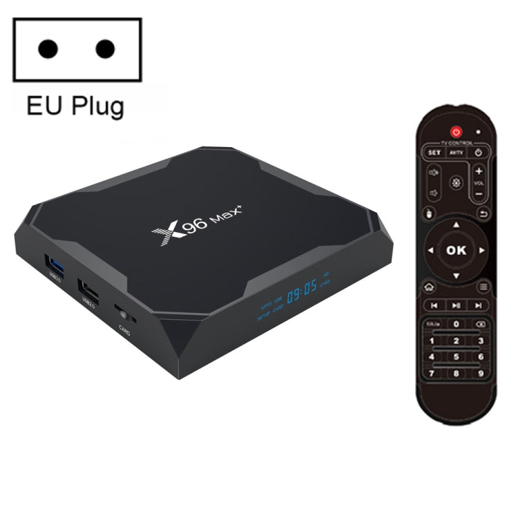 X96 max+ กล่องสมาร์ททีวี 4K, Android 9.0, Amlogic S905X3 ควอดคอร์ Cortex-A55, 4GB+64GB, รองรับ LAN, AV, WiFi 2.4G/5G, USB 2 ช่อง, การ์ด TF, ปลั๊ก EU, ปลั๊ก UK, ปลั๊ก AU