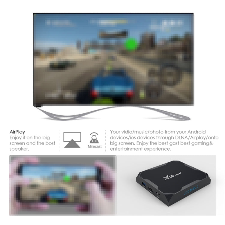 X96 max+ กล่องสมาร์ททีวี 4K, Android 9.0, Amlogic S905X3 ควอดคอร์ Cortex-A55, 4GB+64GB, รองรับ LAN, AV, WiFi 2.4G/5G, USB 2 ช่อง, การ์ด TF, ปลั๊ก EU, ปลั๊ก UK, ปลั๊ก AU