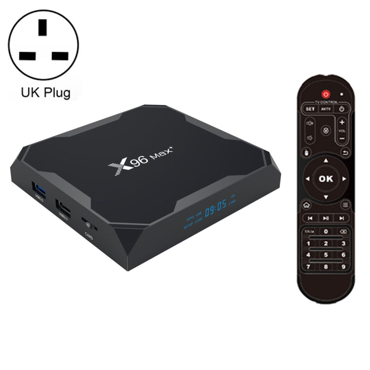 X96 max+ กล่องสมาร์ททีวี 4K, Android 9.0, Amlogic S905X3 ควอดคอร์ Cortex-A55, 4GB+64GB, รองรับ LAN, AV, WiFi 2.4G/5G, USB 2 ช่อง, การ์ด TF, ปลั๊ก EU, ปลั๊ก UK, ปลั๊ก AU