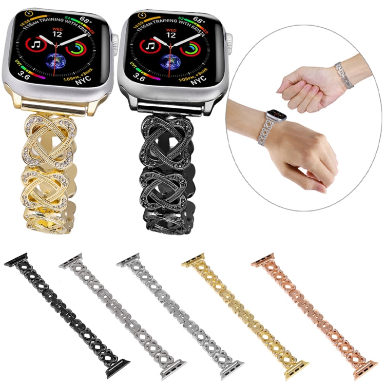 สายรัดนาฬิกาโลหะลายเพชรไขว้หัวใจ สำหรับ Apple Watch SE 2022 44mm, สำหรับ Apple Watch Series 7 41mm, สำหรับ Apple Watch Series 7 45mm, สำหรับ Apple Watch SE 40mm, สำหรับ Apple Watch SE 44mm, สำหรับ Apple Watch 6 40mm, สำหรับ Apple Watch Series 6 44mm