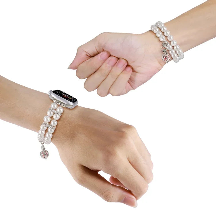 สายรัดนาฬิกาสร้อยข้อมือไข่มุกสองแถว สำหรับ Apple Watch Series 5 44 มม., สำหรับ Apple Watch Series 5 40 มม., สำหรับ Apple Watch Series 4 44 มม., สำหรับ Apple Watch Series 4 40 มม., สำหรับ Apple Watch Series 3 38 มม., สำหรับ Apple Watch Series 3 42 มม.