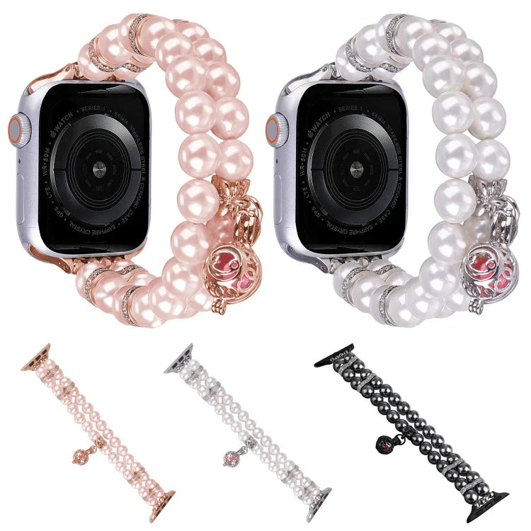 สายรัดนาฬิกาสร้อยข้อมือไข่มุกสองแถว สำหรับ Apple Watch Series 5 44 มม., สำหรับ Apple Watch Series 5 40 มม., สำหรับ Apple Watch Series 4 44 มม., สำหรับ Apple Watch Series 4 40 มม., สำหรับ Apple Watch Series 3 38 มม., สำหรับ Apple Watch Series 3 42 มม.