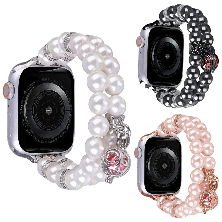 สายรัดนาฬิกาสร้อยข้อมือไข่มุกสองแถว สำหรับ Apple Watch Series 5 44 มม., สำหรับ Apple Watch Series 5 40 มม., สำหรับ Apple Watch Series 4 44 มม., สำหรับ Apple Watch Series 4 40 มม., สำหรับ Apple Watch Series 3 38 มม., สำหรับ Apple Watch Series 3 42 มม.