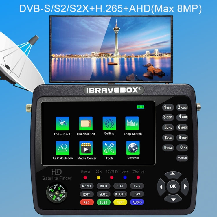 iBRAVEBOX V10 Finder Max+ เครื่องวัดสัญญาณดาวเทียมดิจิทัลหน้าจอ 4.3 นิ้ว รองรับ DVB-S/S2/S2X AHD ปลั๊ก EU, US, UK, AU
