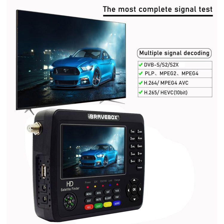 iBRAVEBOX V10 Finder Max+ เครื่องวัดสัญญาณดาวเทียมดิจิทัลหน้าจอ 4.3 นิ้ว รองรับ DVB-S/S2/S2X AHD ปลั๊ก EU, US, UK, AU