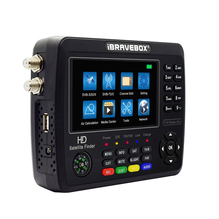 iBRAVEBOX V10 Finder Pro เครื่องวัดสัญญาณดาวเทียมดิจิทัลหน้าจอ 4.3 นิ้ว รองรับ DVB-S/S2/S2X/T/T2/C ปลั๊ก EU, US, UK, AU
