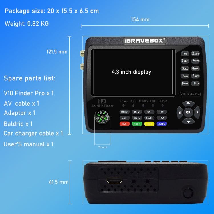 iBRAVEBOX V10 Finder Pro เครื่องวัดสัญญาณดาวเทียมดิจิทัลหน้าจอ 4.3 นิ้ว รองรับ DVB-S/S2/S2X/T/T2/C ปลั๊ก EU, US, UK, AU